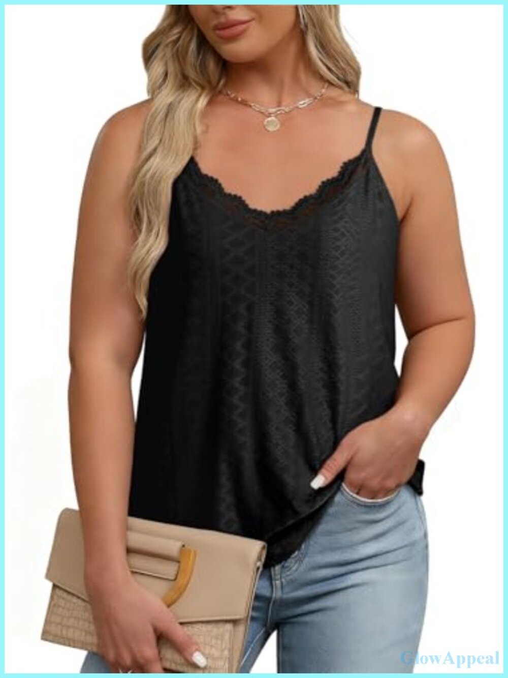 Plus Size Lace V-Neck Spaghetti Strap Tank Top - Soft Stretchy Sleeveless